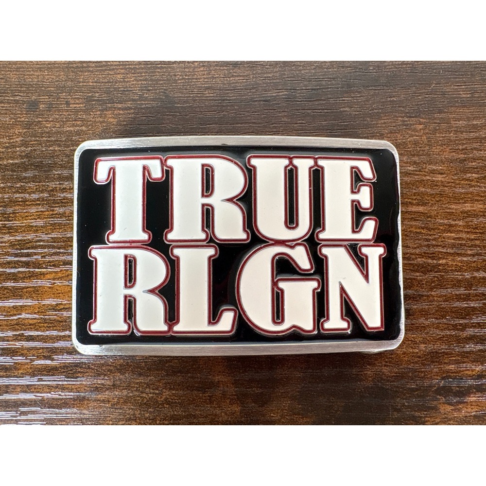 True Religion Mens Belt Buckle Silver Black Red White TRUE RLGN Logo Rectangular